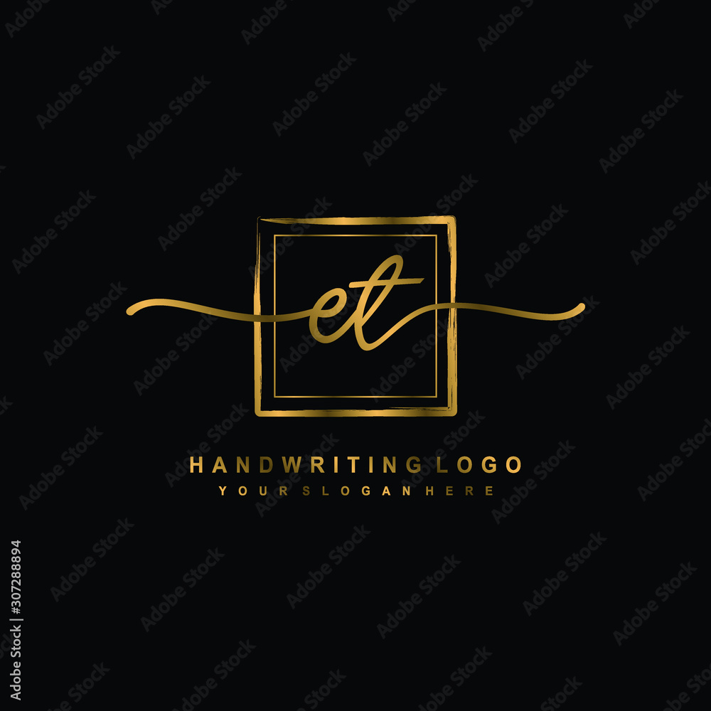 Initial E T handwriting logo design, with brush box lines gold color. handwritten logo for fashion, team, wedding, luxury logo. Initial E T handwriting logo design, with brush box lines gold color. handwritten logo for fashion, team, wedding, luxury logo.