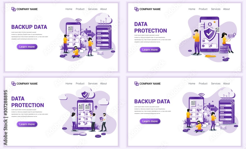 Set of web page design templates for backup data, data protection. Can use for web banner, poster, infographics, landing page, web template. Flat vector illustration