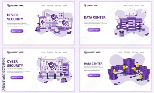 Set of web page design templates for cyber security, data center. Can use for web banner, poster, infographics, landing page, web template. Flat vector illustration