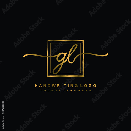 Initial G L handwriting logo design, with brush box lines gold color. handwritten logo for fashion, team, wedding, luxury logo.