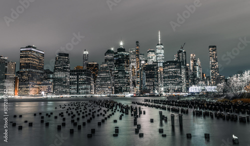 old Brooklyn pylon piers with lower Manhattan financial district in view