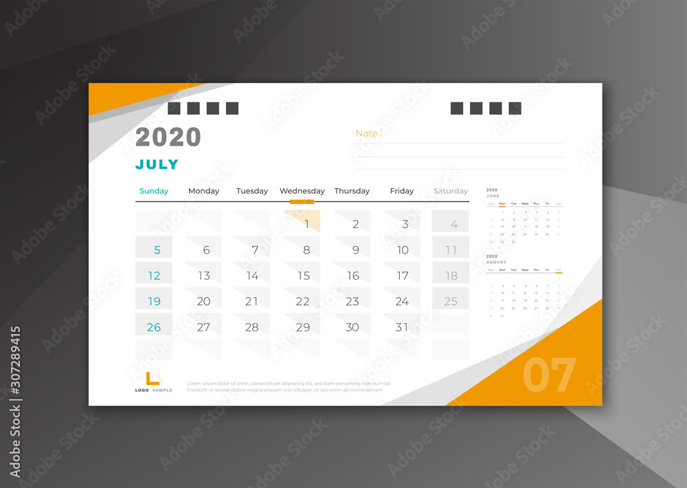 July 2020 desk calendar white and yellow theme July 2020 desk calendar white and yellow theme