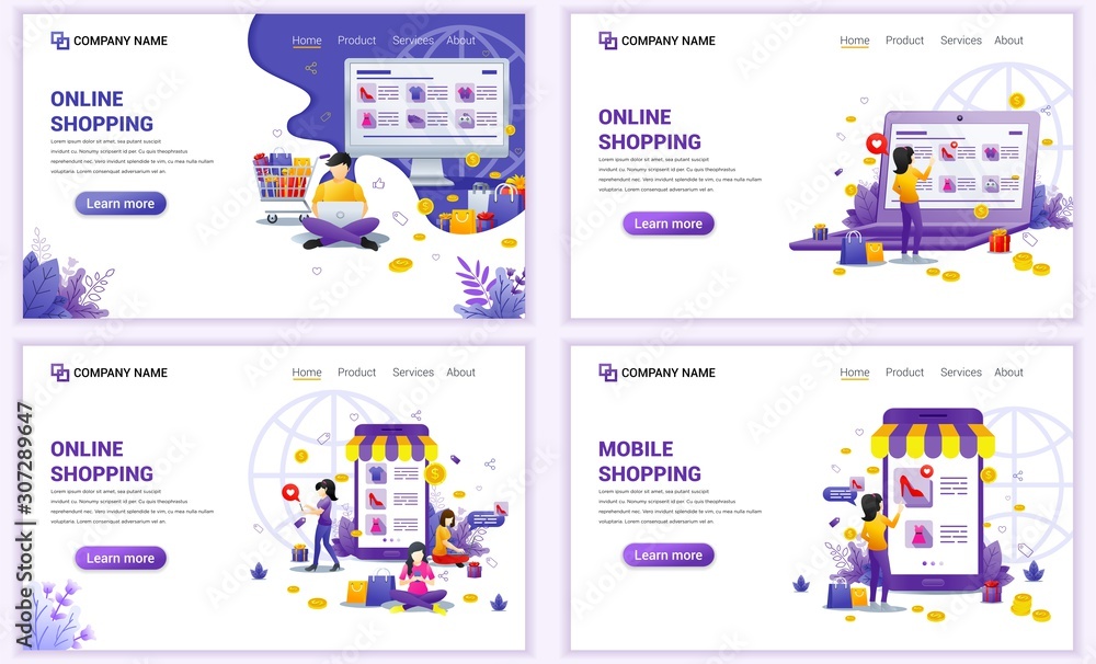 Set of web page design templates for Online shopping concept. Can use for web banner, poster, infographics, landing page, web template. Flat vector illustration