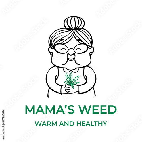 Happy grandmother hold marijuana leaf logo design concept