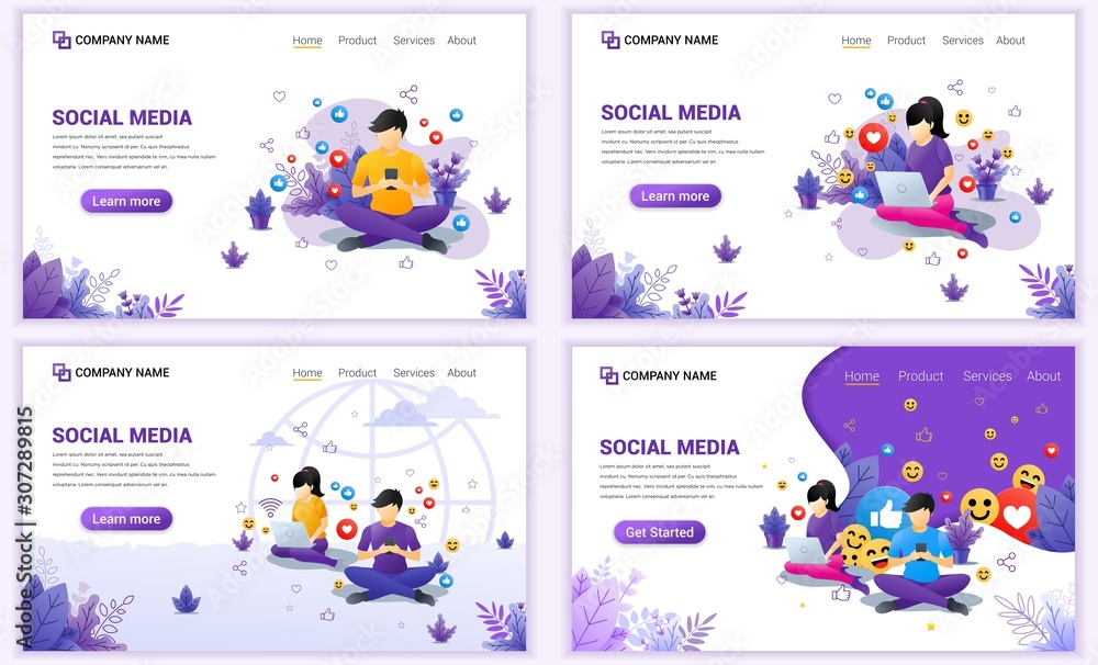 Set of web page design templates for social media concept. Can use for web banner, poster, infographics, landing page, web template. Flat vector illustration