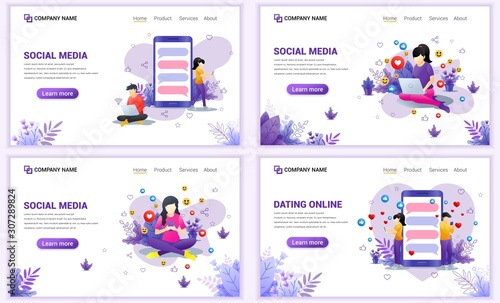 Set of web page design templates for social media concept. Can use for web banner, poster, infographics, landing page, web template. Flat vector illustration