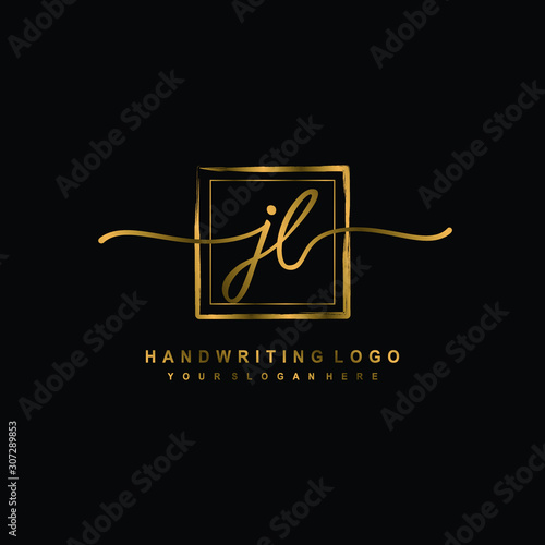 Initial J L handwriting logo design, with brush box lines gold color. handwritten logo for fashion, team, wedding, luxury logo.