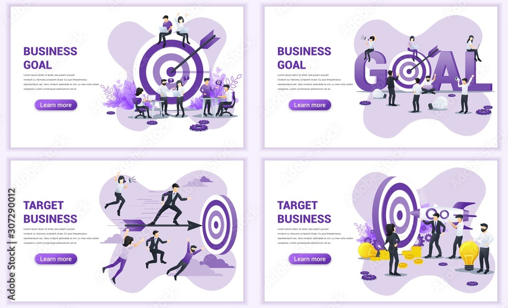 Set of web page design templates for business target. Reach the target of business. Goal achievement, partnership, leadership. Can use for web banner, web template. Flat vector illustration