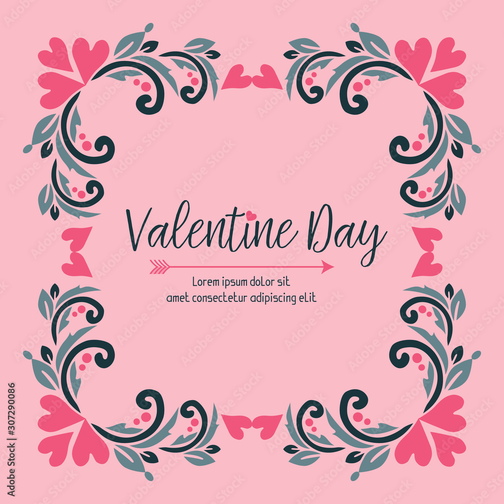 Greeting card valentine day, with plant of leaves frame. Vector