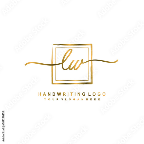 Initial L W handwriting logo design, with brush box lines gold color. handwritten logo for fashion, team, wedding, luxury logo.