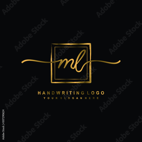 Initial M L handwriting logo design, with brush box lines gold color. handwritten logo for fashion, team, wedding, luxury logo. photo