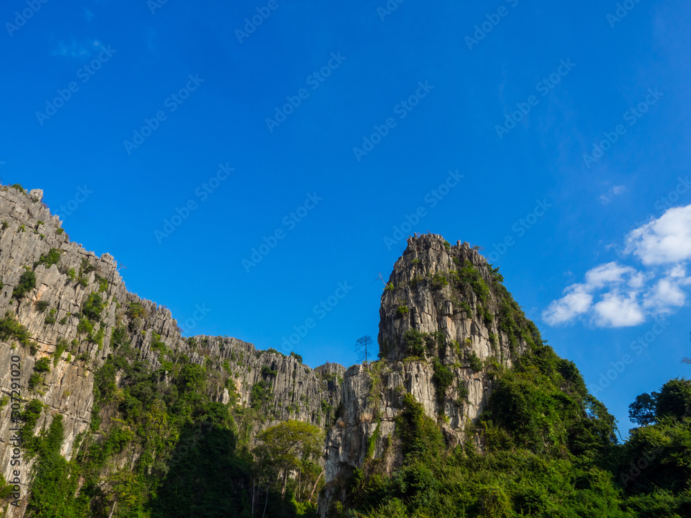 Stone cliff mountain with green forest on Blue sky background.