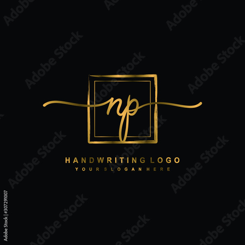 Initial N P handwriting logo design, with brush box lines gold color. handwritten logo for fashion, team, wedding, luxury logo.