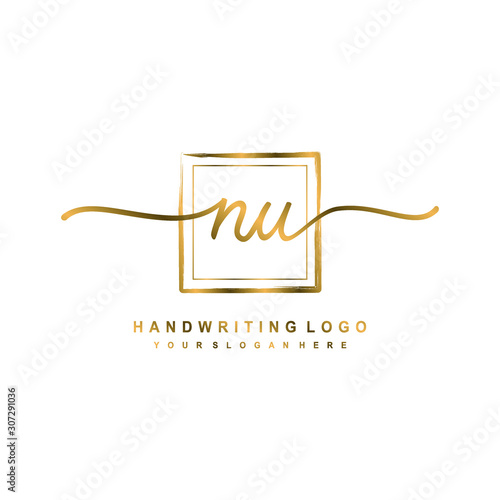 Initial N U handwriting logo design, with brush box lines gold color. handwritten logo for fashion, team, wedding, luxury logo.
