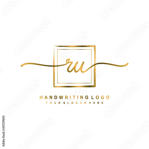 Initial R U handwriting logo design, with brush box lines gold color. handwritten logo for fashion, team, wedding, luxury logo.