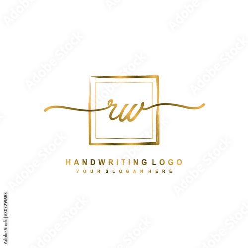Initial R W handwriting logo design, with brush box lines gold color. handwritten logo for fashion, team, wedding, luxury logo.