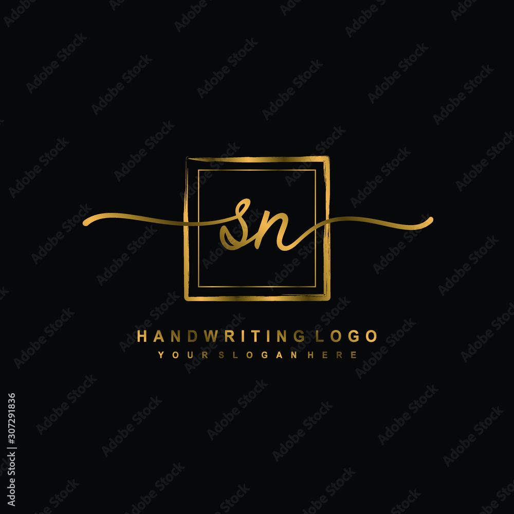 Initial S N handwriting logo design, with brush box lines gold color. handwritten logo for fashion, team, wedding, luxury logo. Initial S N handwriting logo design, with brush box lines gold color. handwritten logo for fashion, team, wedding, luxury logo.