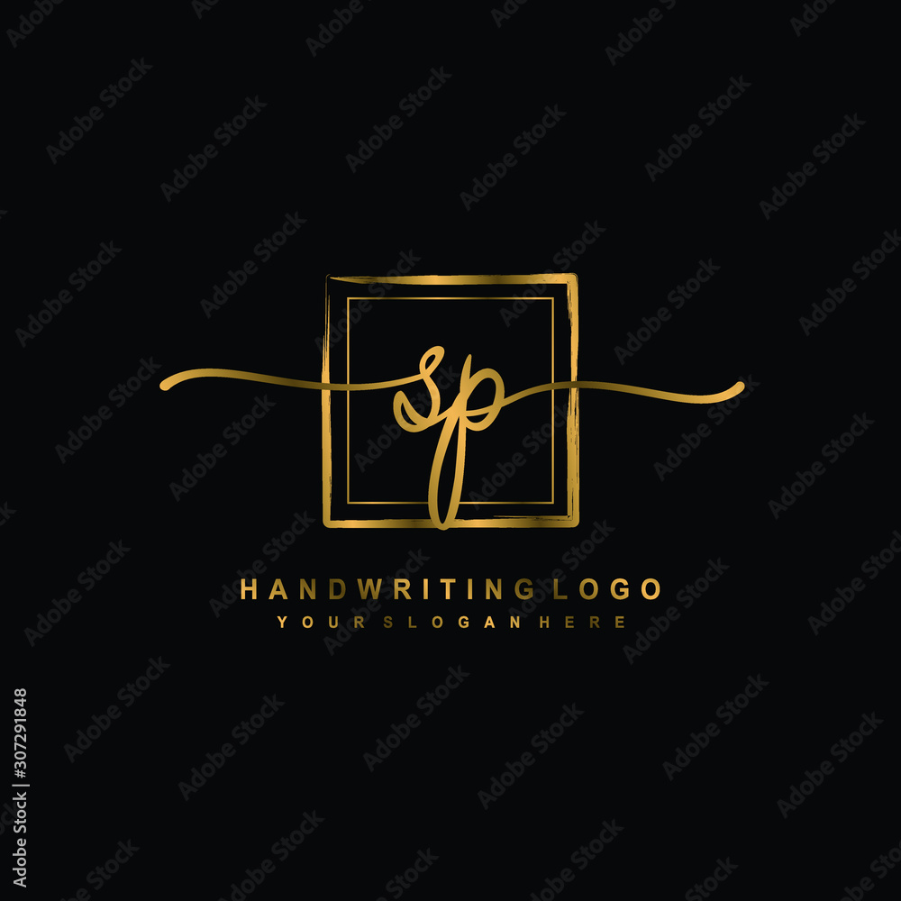 Initial S P handwriting logo design, with brush box lines gold color. handwritten logo for fashion, team, wedding, luxury logo. Initial S P handwriting logo design, with brush box lines gold color. handwritten logo for fashion, team, wedding, luxury logo.