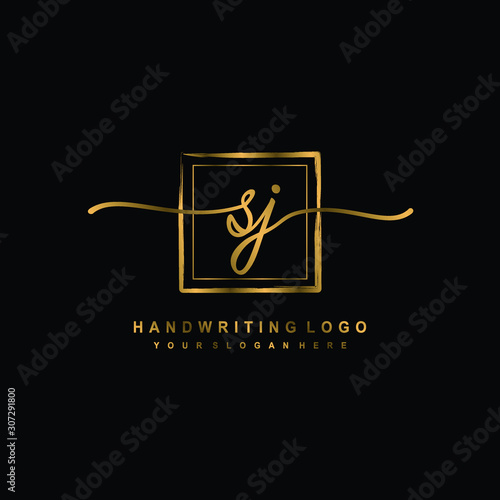 Initial S J handwriting logo design, with brush box lines gold color. handwritten logo for fashion, team, wedding, luxury logo.