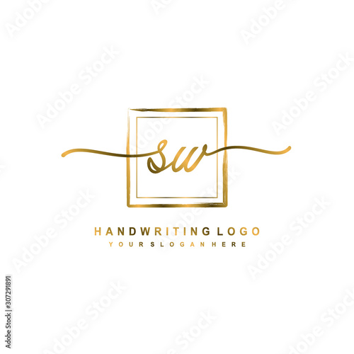 Initial S W handwriting logo design, with brush box lines gold color. handwritten logo for fashion, team, wedding, luxury logo.