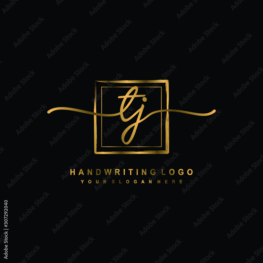 Initial T J handwriting logo design, with brush box lines gold color. handwritten logo for fashion, team, wedding, luxury logo. Initial T J handwriting logo design, with brush box lines gold color. handwritten logo for fashion, team, wedding, luxury logo.