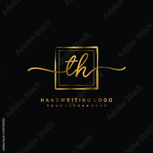 Initial T H handwriting logo design, with brush box lines gold color. handwritten logo for fashion, team, wedding, luxury logo.