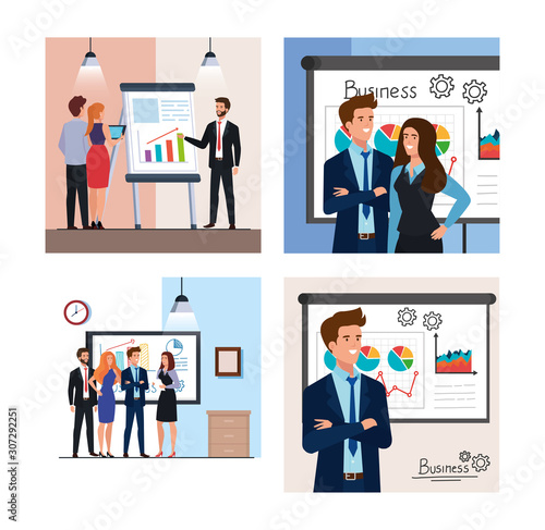 set of scenes business people meeting with infographics presentation vector illustration design