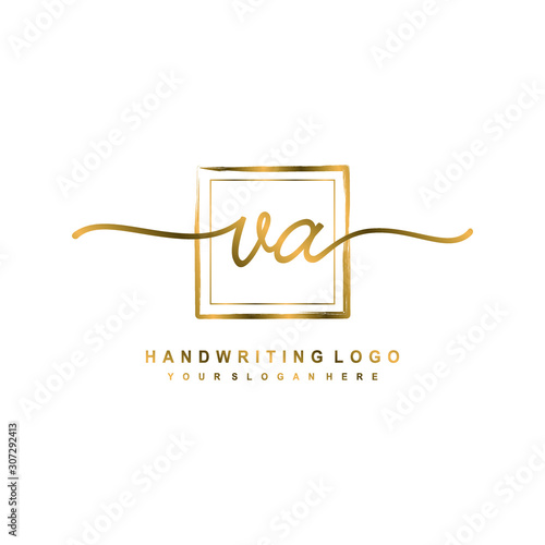 Initial V A handwriting logo design, with brush box lines gold color. handwritten logo for fashion, team, wedding, luxury logo.
