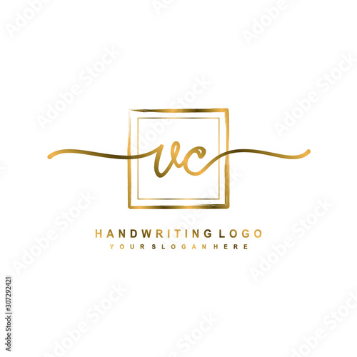 Initial V C handwriting logo design, with brush box lines gold color. handwritten logo for fashion, team, wedding, luxury logo.