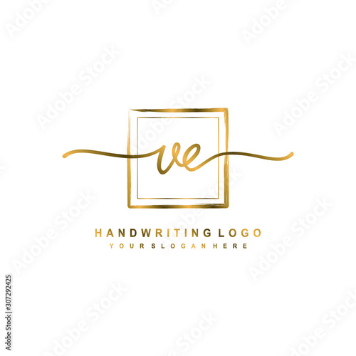 Initial V E handwriting logo design, with brush box lines gold color. handwritten logo for fashion, team, wedding, luxury logo.