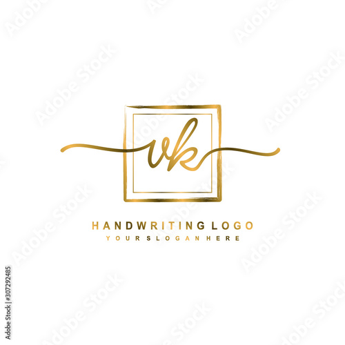 Initial V K handwriting logo design, with brush box lines gold color. handwritten logo for fashion, team, wedding, luxury logo.