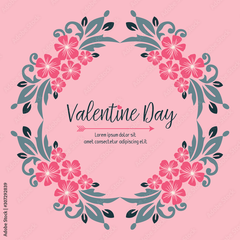 Greeting card template of valentine day, with seamless leaf flower frame. Vector