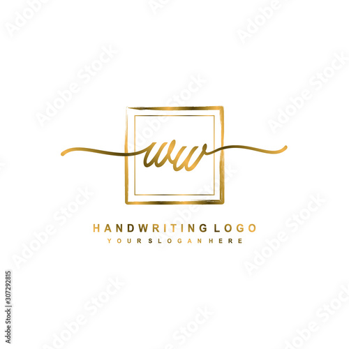 Initial W W handwriting logo design, with brush box lines gold color. handwritten logo for fashion, team, wedding, luxury logo.