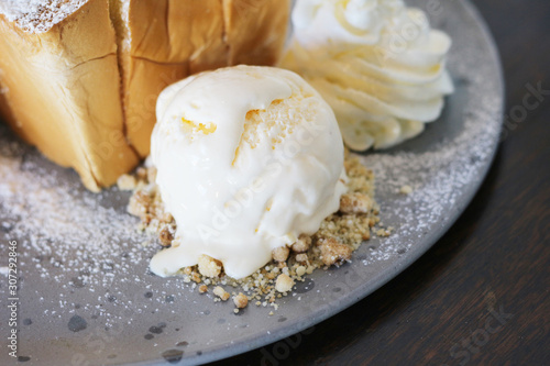 Honey Toast with whipped cream and ice cream