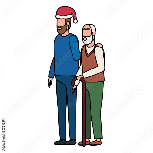 cute grandfather with young son using christmas hat
