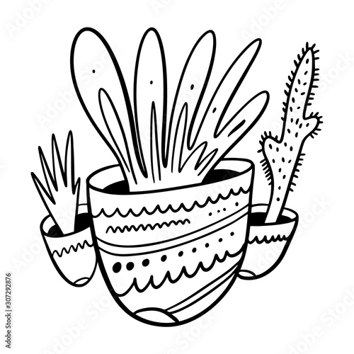Hygge style. Potted home flowers. Hand drawn vector illustration. Black ink.