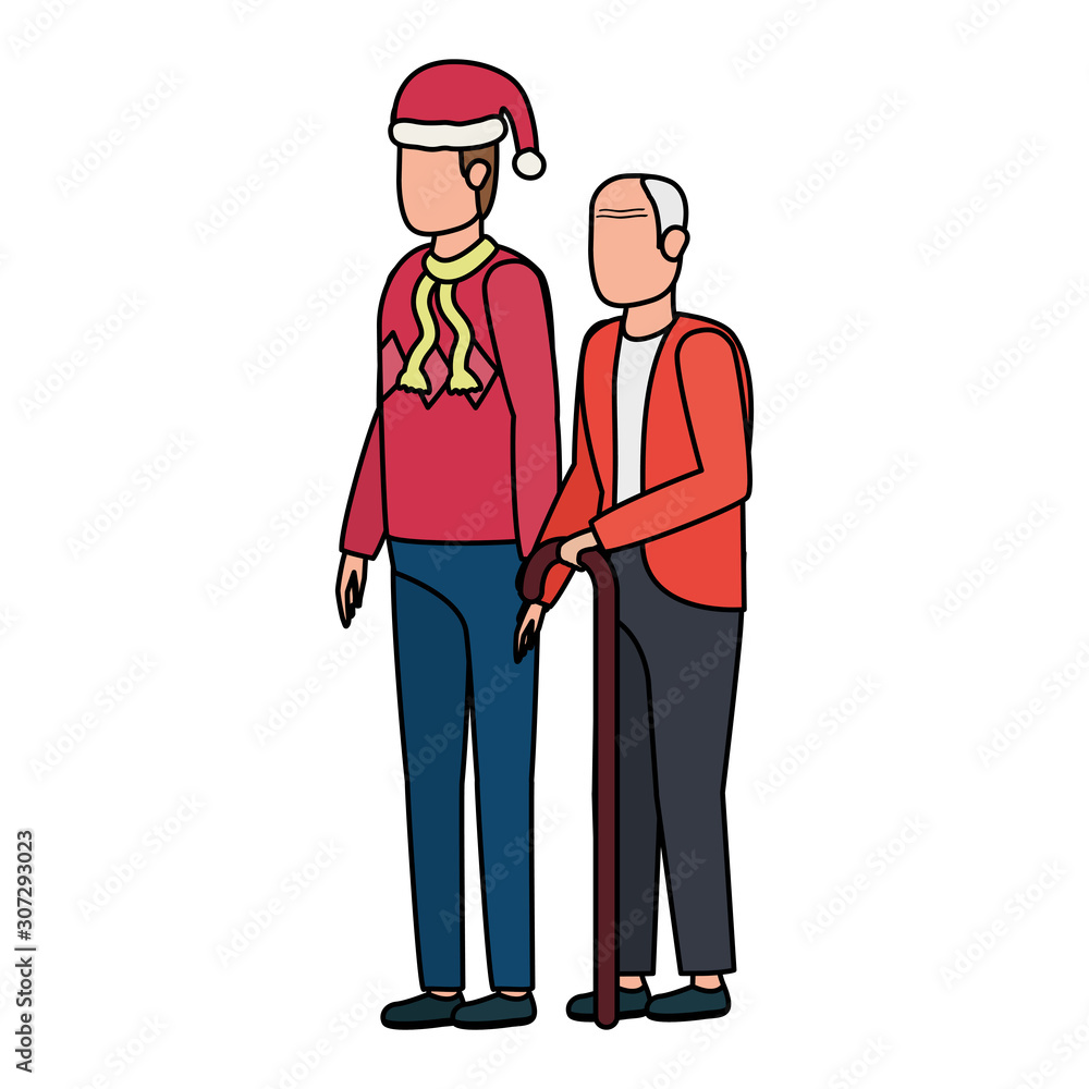 cute grandfather with young son using christmas hat cute grandfather with young son using christmas hat