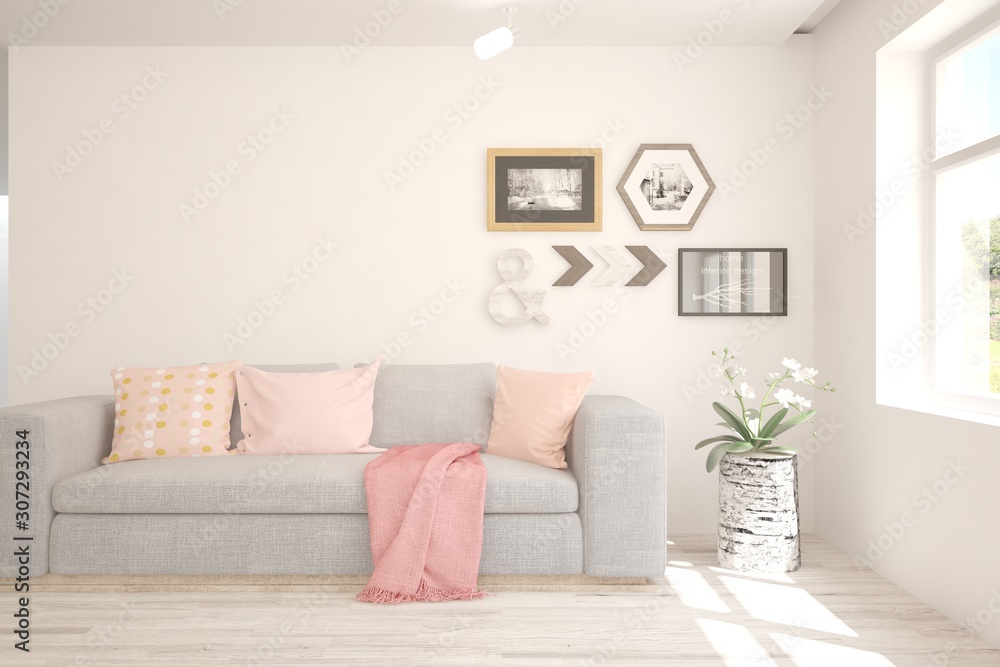 Fototapeta premium Stylish room in white color with sofa. Scandinavian interior design. 3D illustration