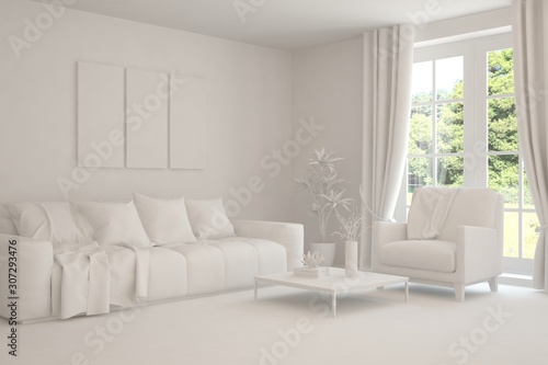 Mock up of stylish room in white color with sofa and green landscape in window. Scandinavian interior design. 3D illustration