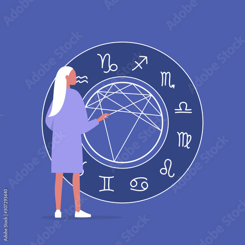 Astrology concept, Young female character reading a natal chart, future prediction