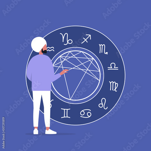 Astrology concept, Young indian male character reading a natal chart, future prediction
