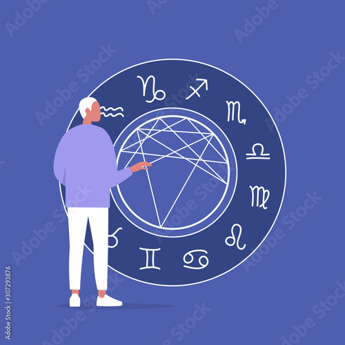 Astrology concept, Young male character reading a natal chart, future prediction