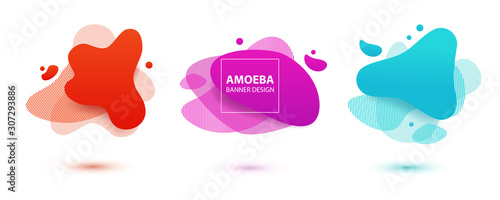Amoeba liquid design. Dynamical colored forms of amoeba. Modern banner template for logo, flyer, presentation design. Yellow, red, blue colors.