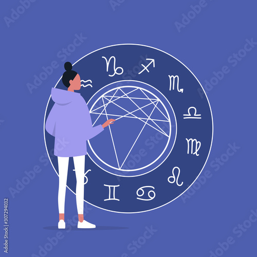Astrology concept, Young female character reading a natal chart, future prediction