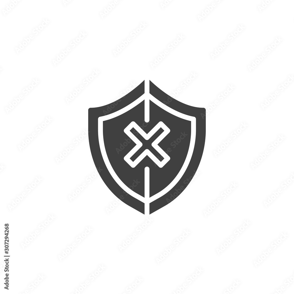 Shield insecure vector icon. filled flat sign for mobile concept and web design. Security shield with cross glyph icon. Unprotected symbol, logo illustration. Vector graphics Shield insecure vector icon. filled flat sign for mobile concept and web design. Security shield with cross glyph icon. Unprotected symbol, logo illustration. Vector graphics