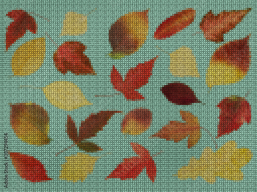 Illustration. The cross-stitch background of leaves. Set of autumn maple leaves. Floral background  collage.  The texture of the flowers. Cross stitch-rustic  country style.