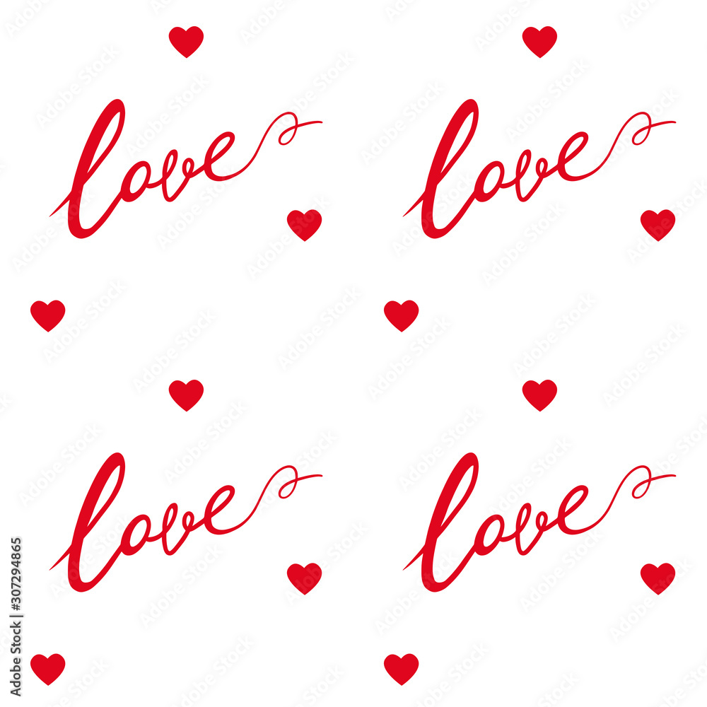 Seamless pattern with lettering words love and red hearts. Perfect for wrapping paper, print, gift, cards, textile. Seamless pattern with lettering words love and red hearts. Perfect for wrapping paper, print, gift, cards, textile.