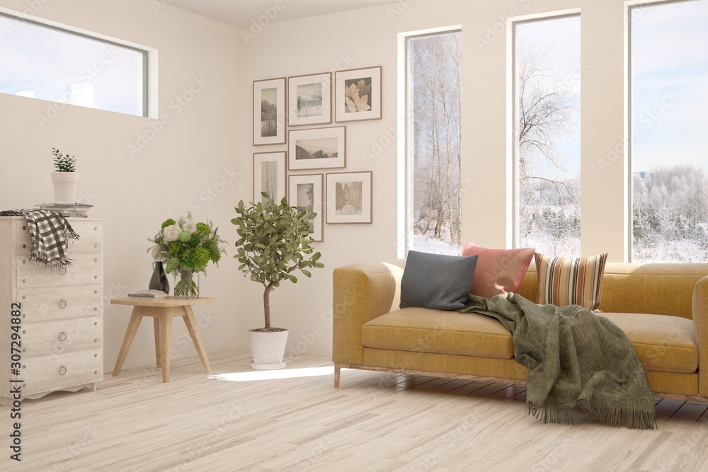 Stylish room in white color with sofa and winter landscape in window. Scandinavian interior design. 3D illustration Stylish room in white color with sofa and winter landscape in window. Scandinavian interior design. 3D illustration