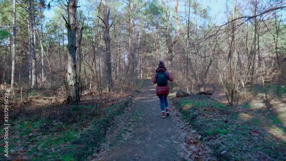 A young woman runs among the trees in the forest. A girl walks through the autumn, coniferous forest. walk in the fresh air. Tourism. A young woman runs among the trees in the forest. A girl walks through the autumn, coniferous forest. walk in the fresh air. Tourism.