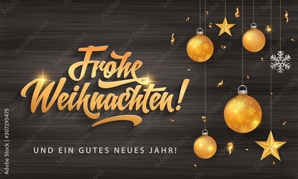 Frohe Weihnachten Merry Christmas in German language dark wood background template with